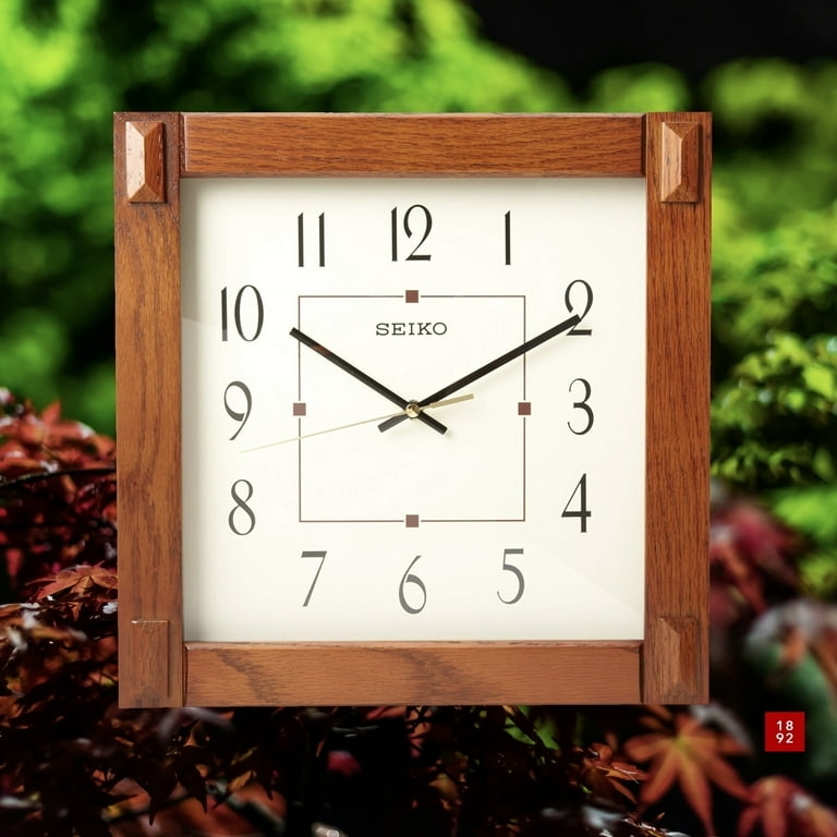 Traditional Square Wall Clock, Medium Brown Wood Frame, Off-White Face
