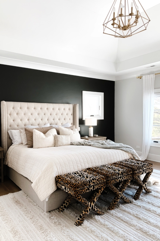 Transitional Bedroom with Black Board and Batten and Light Wood