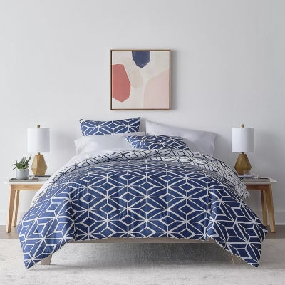 Transitional Navy Bedding Set Fretwork Design Reversible Comforter