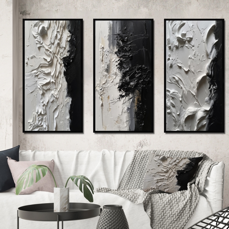 Triptych Art Set: High Relief Abstract Impasto with Marble Look
