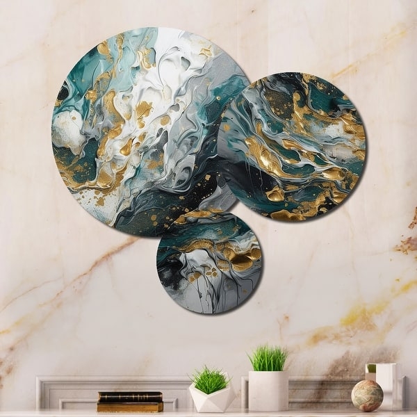 Triptych Wall Art Abstract Fluid Ink Teal Gold