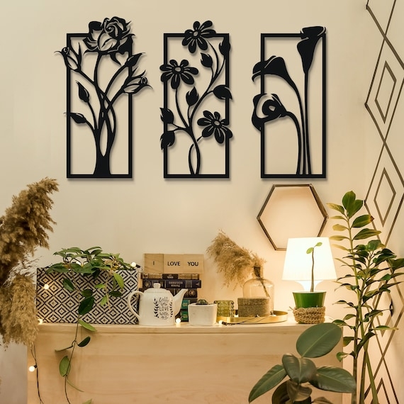 Triptych Wall Art Black Metal Line Art Floral Minimalist Panels