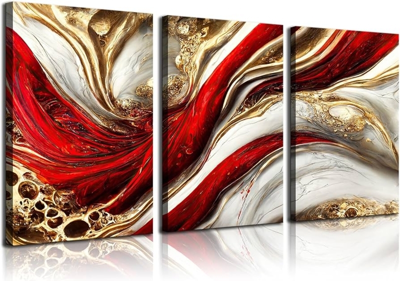Triptych Wall Art Set Bold Burgundy Metallic Gilt Detailing
