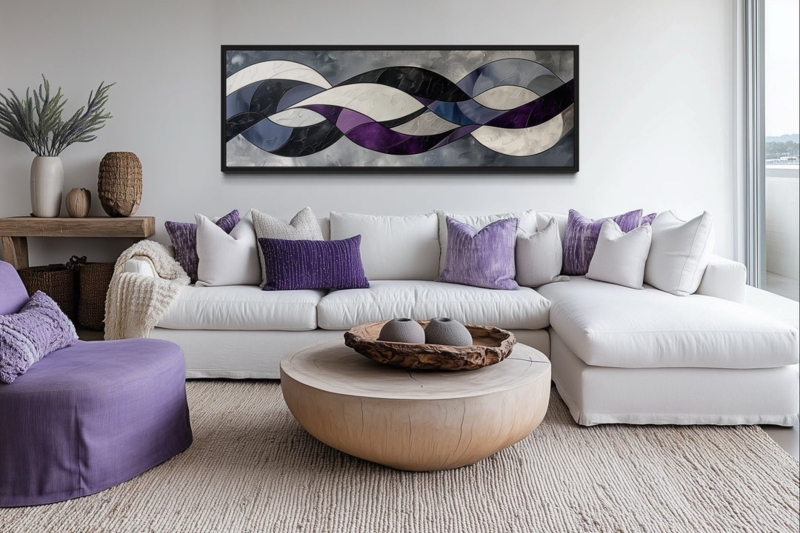 Triptych Wall Art Set Geometric Abstract Black Frames Lavender Grey