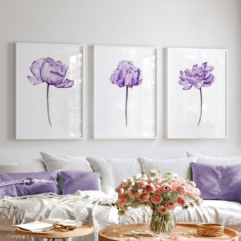 Triptych Wall Art Set Watercolor Effect Boho Floral Prints