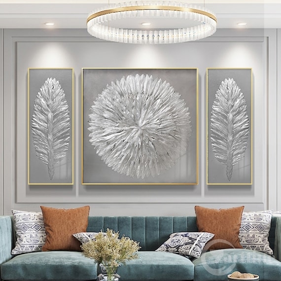 Triptych Wall Art Set with Feather Motif and Metallic Sheen