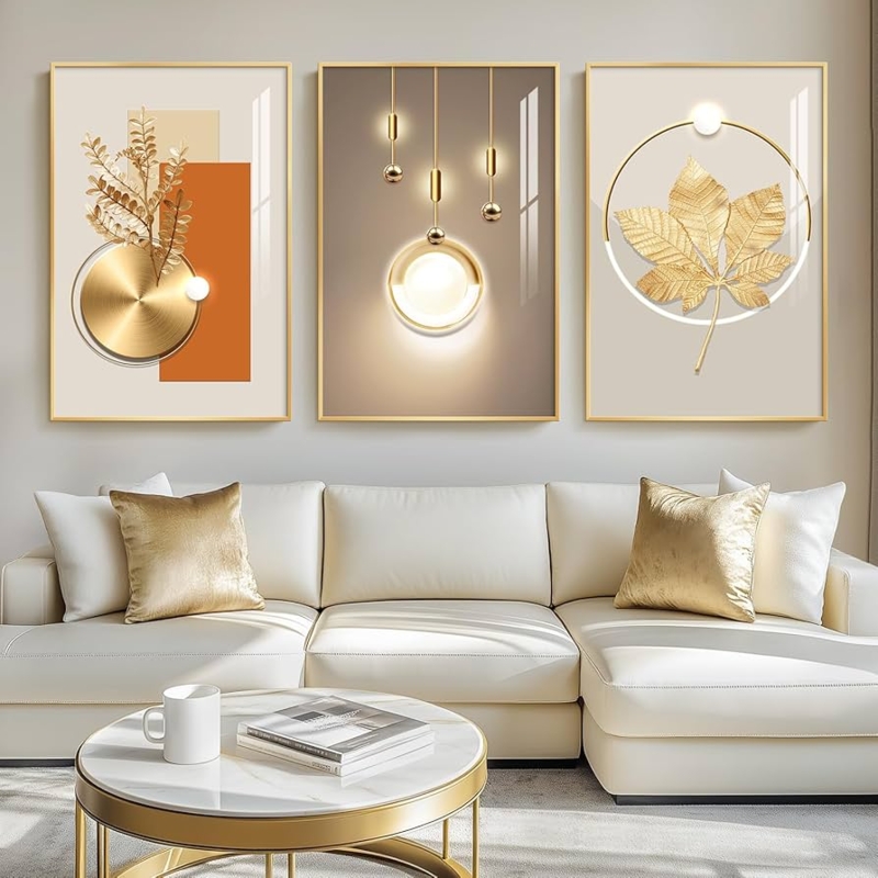 Triptych Wall Art Set with Metallic Frames and Abstract Botanicals