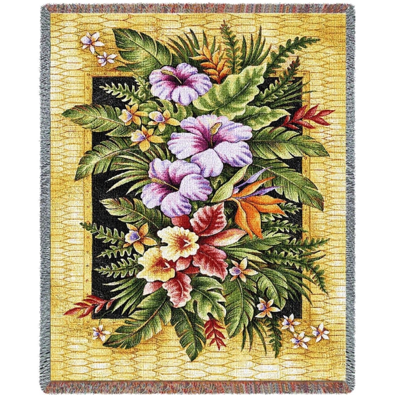 Tropical Floral Throw Blanket, Woven Tapestry Hibiscus Print