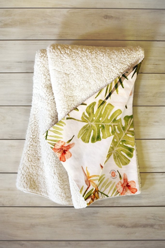 Tropical Palm Leaf Throw Blanket with Cozy Sherpa Lining