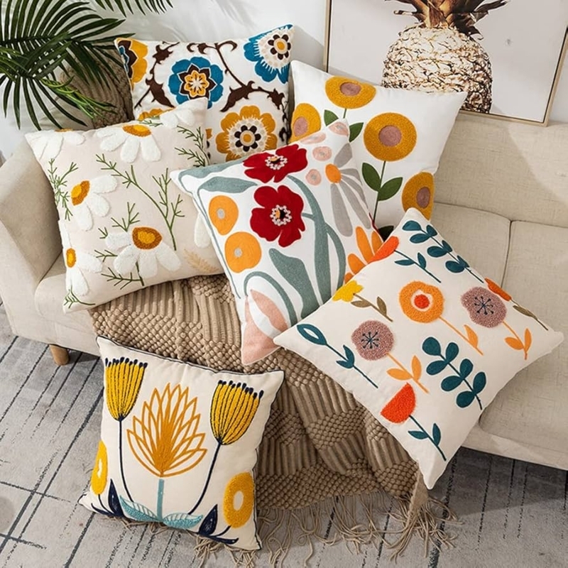 Tufted Floral Embroidery Throw Pillow Cover, Off-White Woven, Farmhouse