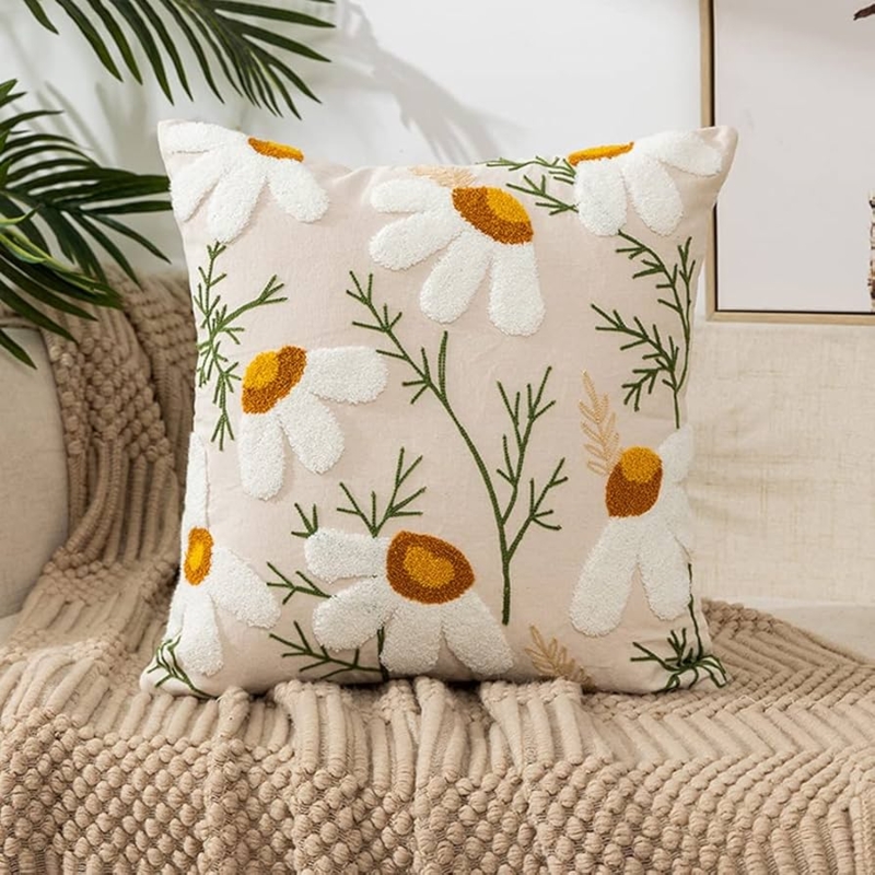 Tufted Floral Throw Pillow Rust Teal Embroidery Corner Tassels Farmhouse