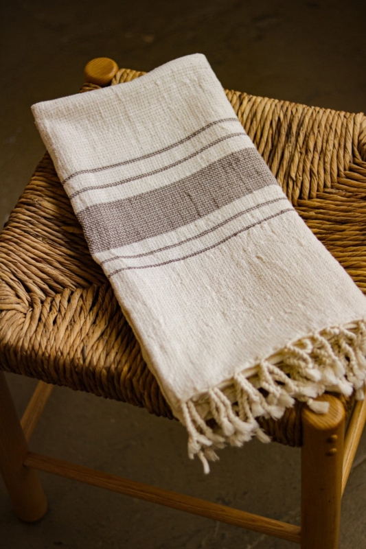 Turkish Towel Cream Tan Knotted Fringe Woven Peshtemal