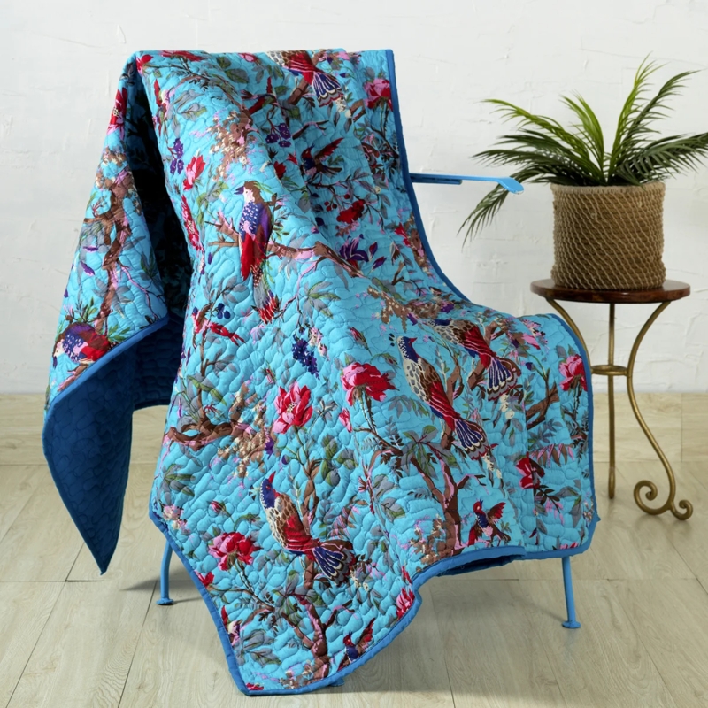 Turquoise and Beige Tasseled Throw Blanket with Hand-Woven Geometric Pattern