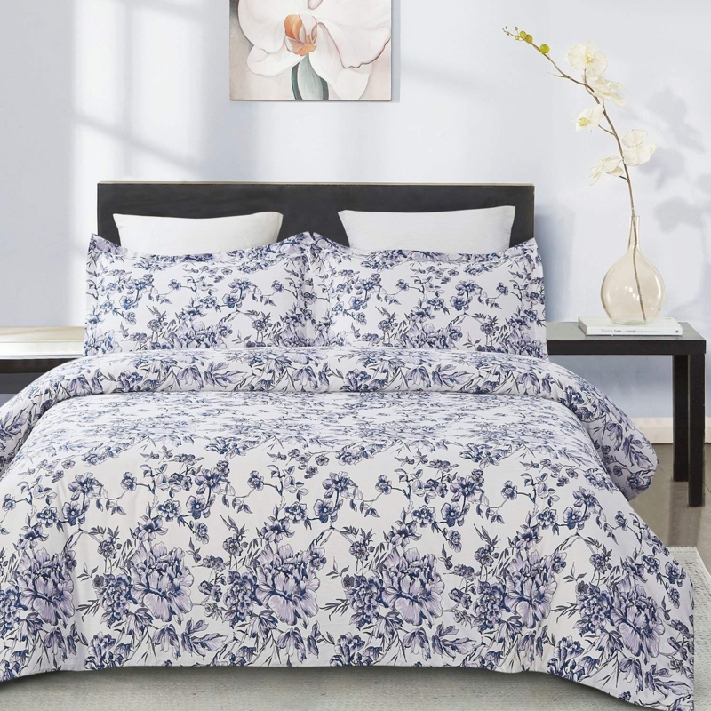 Twill Weave Duvet Cover Blue Botanical Floral Print Traditional Bedding