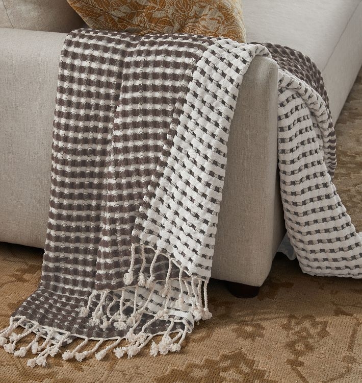 Two-Tone Waffle Knit Throw Blanket in Tan and Charcoal