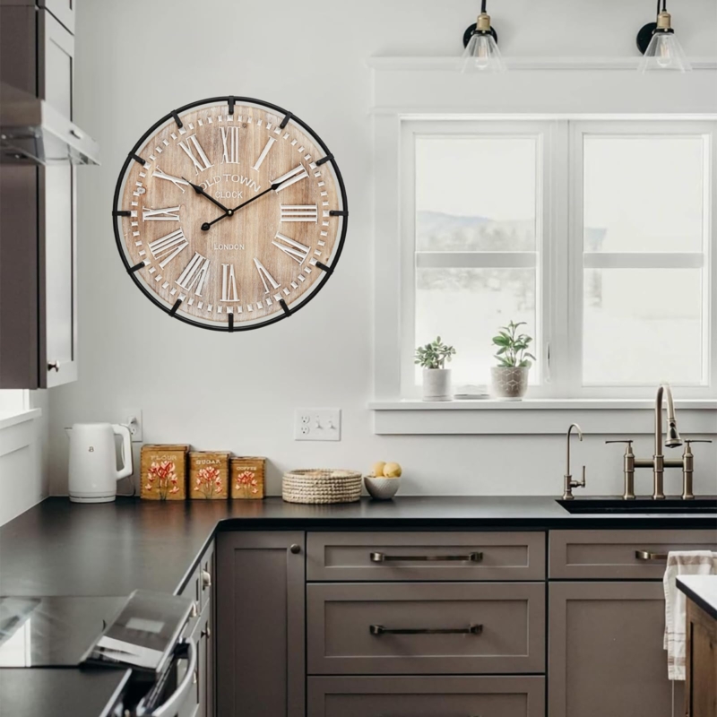 Two-Tone Wall Clock with Etched Numbers and Wood and Metal Design