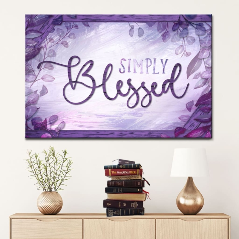 Typographic Wall Art Simply Blessed Cursive Script Sunset Mountain