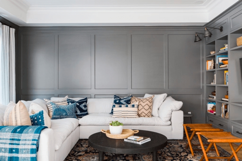 Upholstered Bed Frame: Charcoal Paneled Accent Wall Bedroom