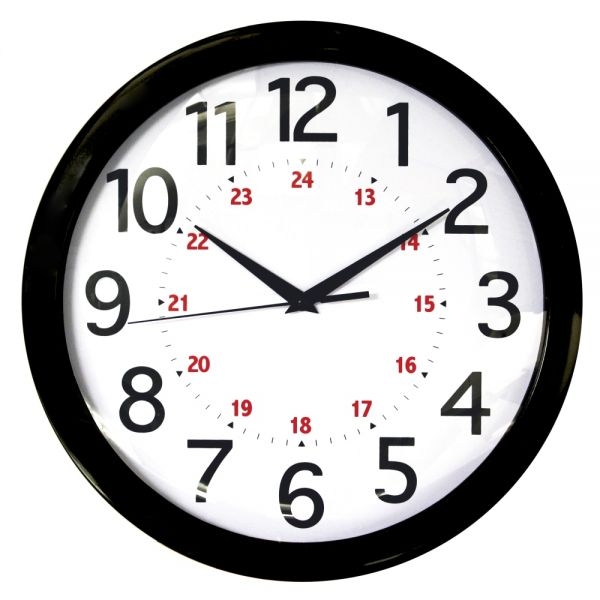 Utilitarian Wall Clock, 24 Hour Display, Bold Numerals, Black Frame