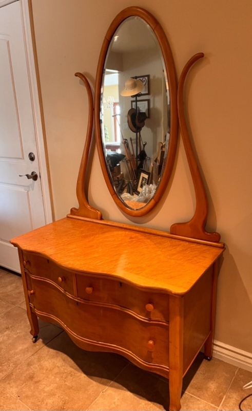 Vanity Dresser with Birdseye Maple Grain, Swivel Mirror, Antique Style