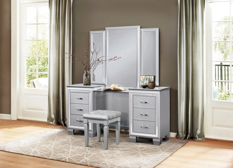 Vanity Dresser with Mirrored Trim, LED Backlit, Silver Hollywood Regency