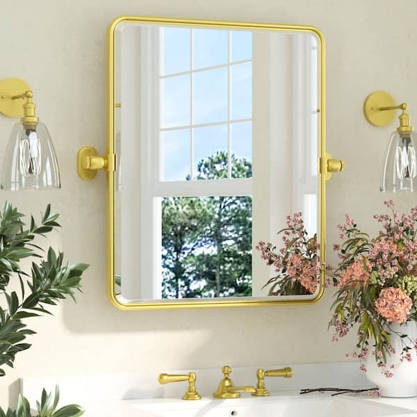 Vanity Mirror Brushed Gold Frame Rounded Corners Pivot Tilting