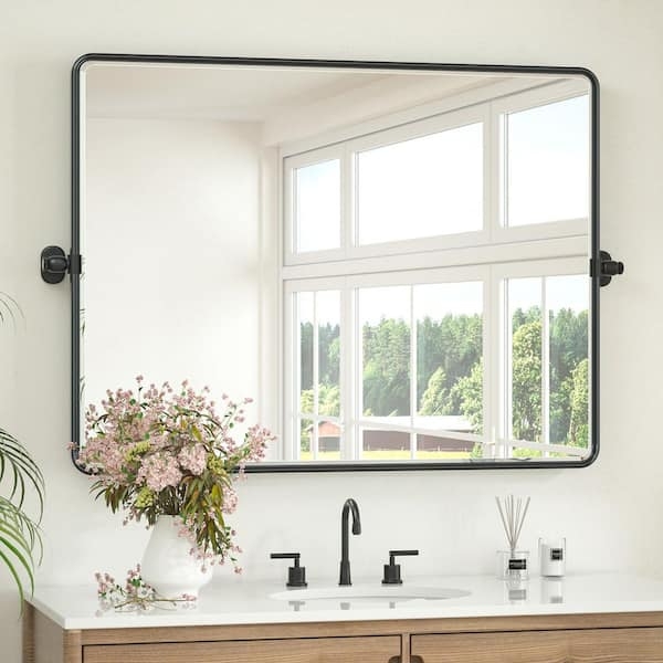 Vanity Mirror Matte Black Thin Frame Tilt Functionality Industrial