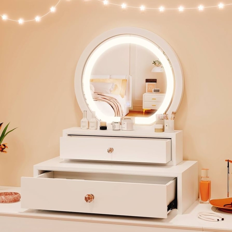 Vanity Mirror with Integrated LED Lights and Base Storage Drawers