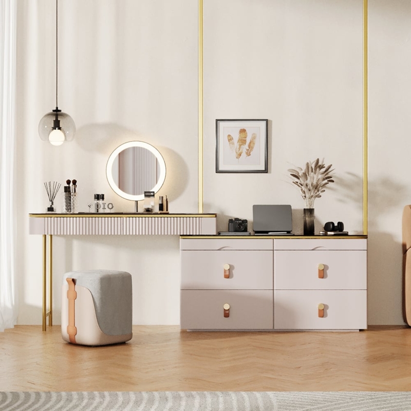 Vanity Set: Extendable Design, Fluted Texture, Champagne Modern Glam