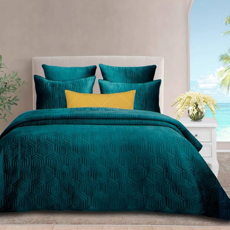 Velvet Quilt Set Geometric Hexagon Embroidery Glam