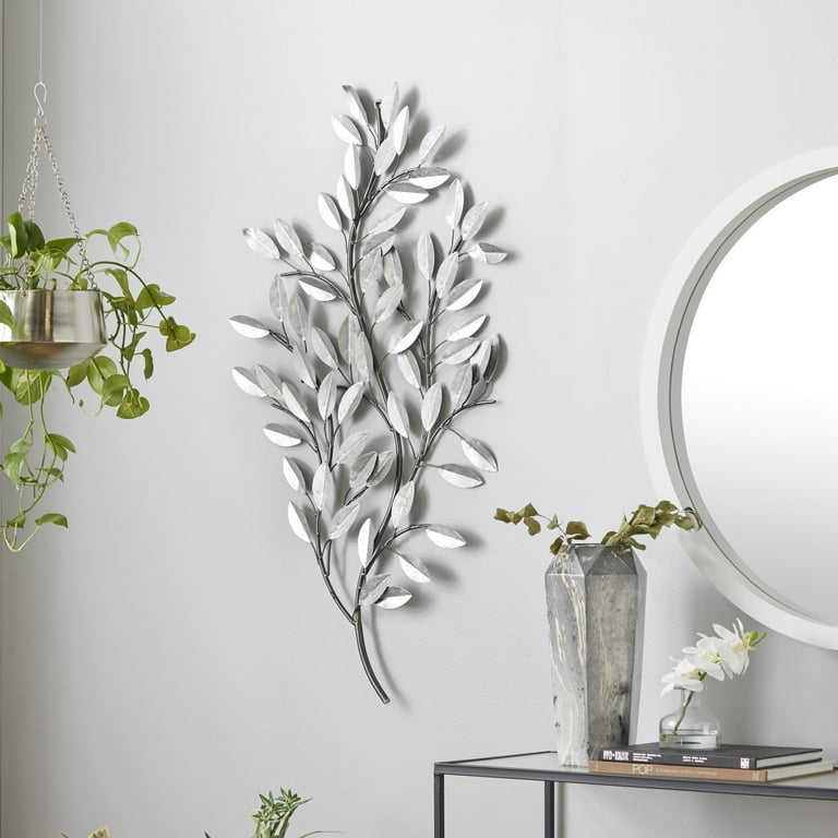 Vertical Silver Wall Sculpture with Elegant Almond-Shaped Leaves