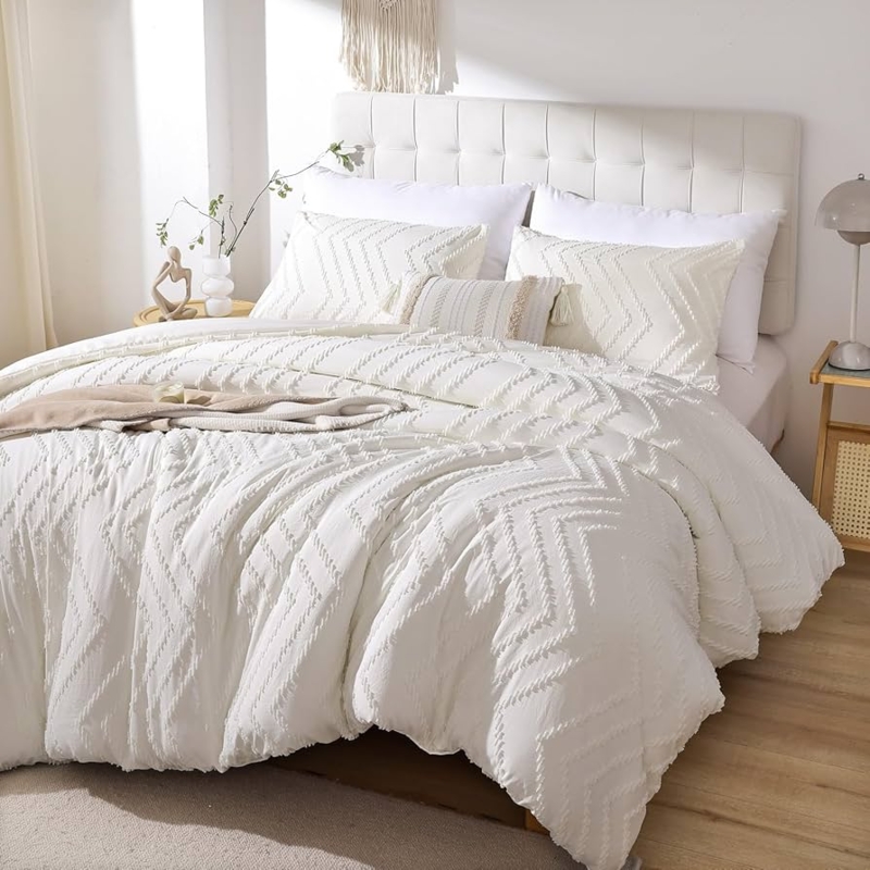 Vertical Tufted Comforter Set Boho Minimalist Ivory Bedding