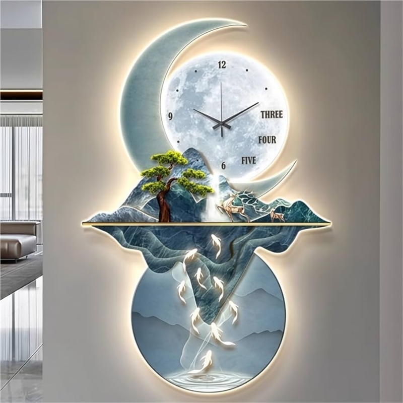 Vertical Wall Clock LED Backlit Abstract Blue Gold Art Decor