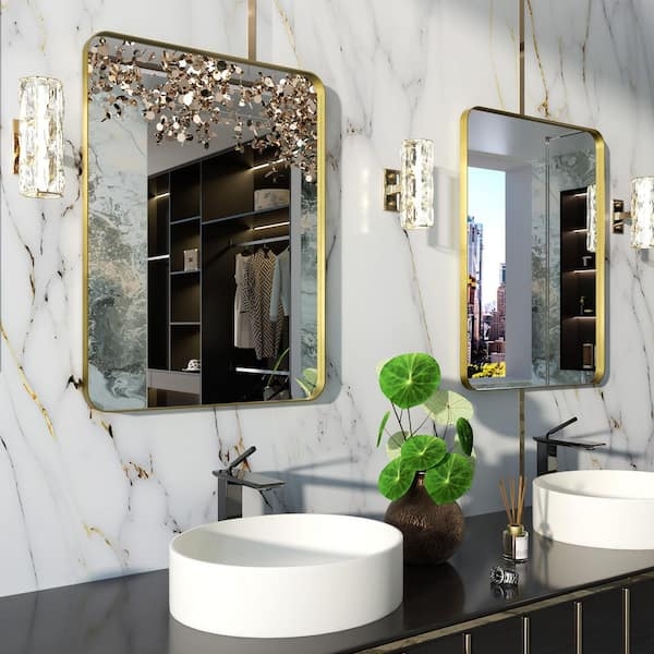 Vertical Wall Mirror with Rounded Rectangle Shape and Brushed Gold Finish