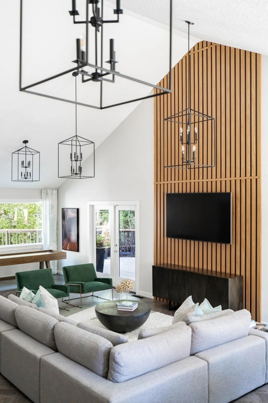 Vertical Wood Slat Fireplace Accent Wall with Floating Mantel