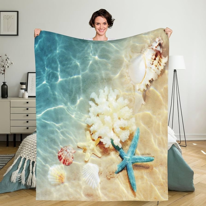 Vibrant Beach Scene Throw Blanket, Plush Coastal Fleece Print