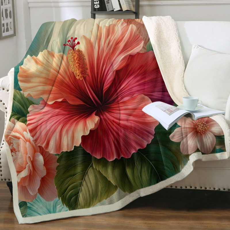 Vibrant Floral Throw Blanket with Hibiscus Motif and Fringe