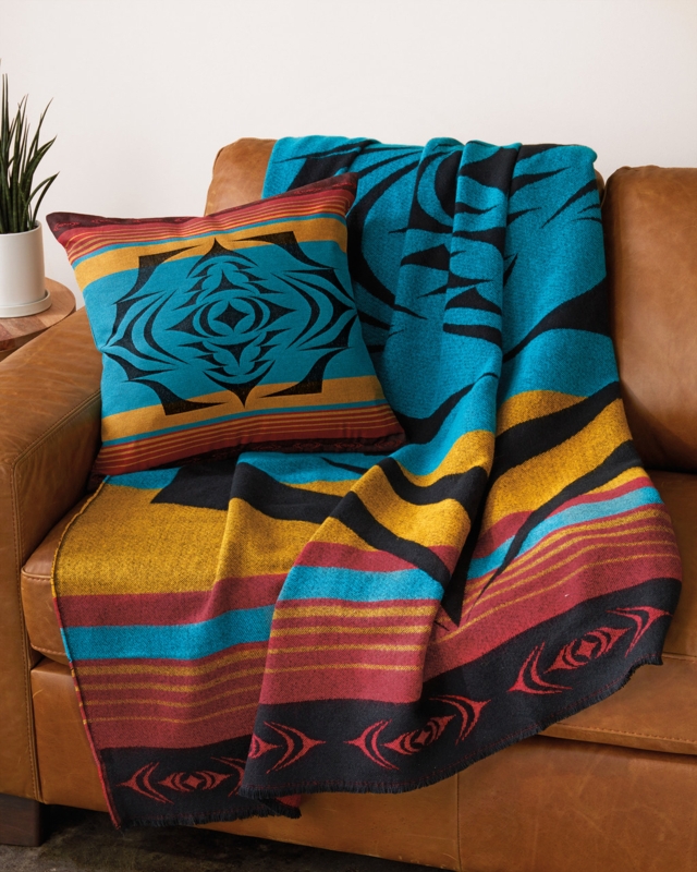 Vibrant Geometric Throw Blanket in Sunset Colors with Fringe Detail