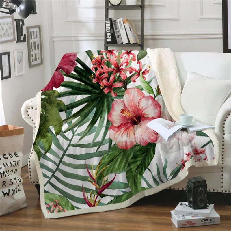 Vibrant Hibiscus and Ocean Wave Print Coastal Throw Blanket