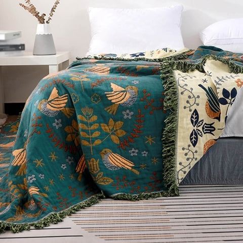 Vibrant Orange Woven Throw, Reversible Scandi Bird Motif Fringe
