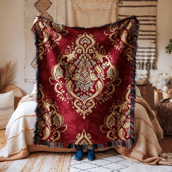 Vibrant Red Cream Damask Floral Throw Blanket, Living Room Accent