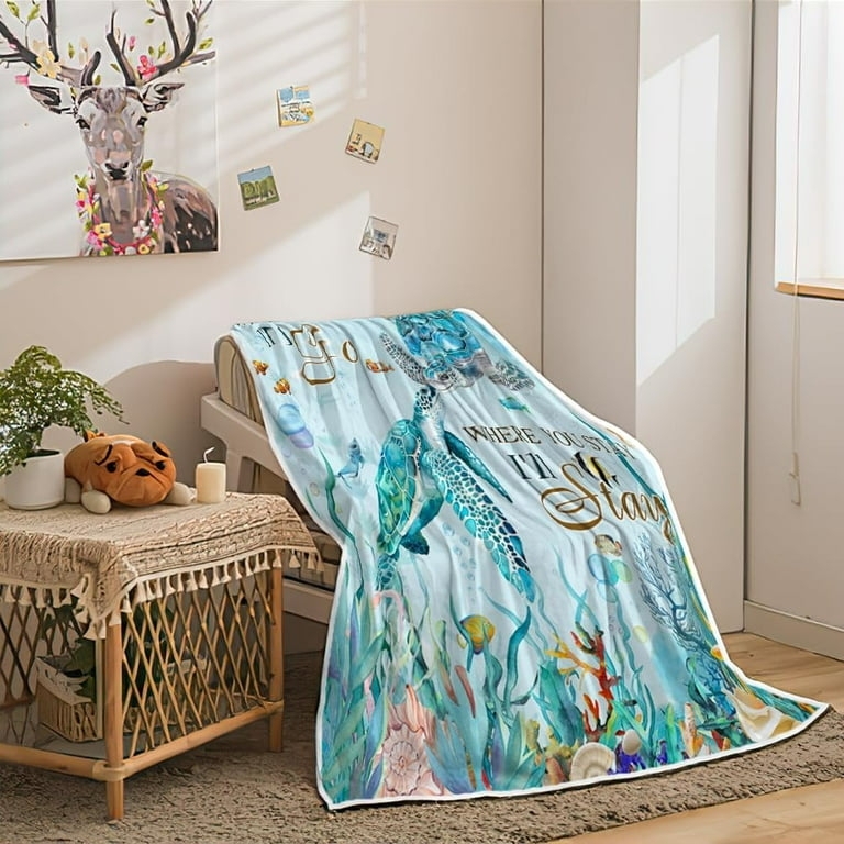 Vibrant Sea Turtle Graphic Throw Blanket, Teal and Blue