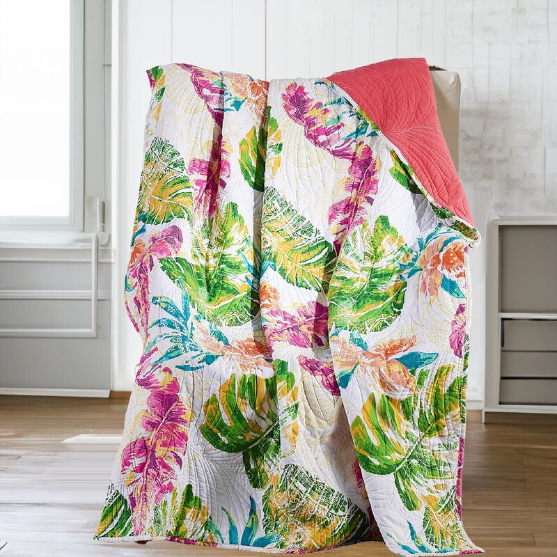 Vibrant Throw Blanket with Palm Leaves and Teal Accents
