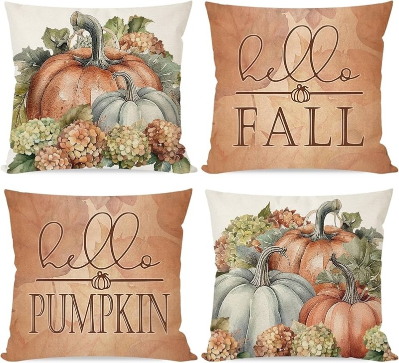 Vintage Autumn Throw Pillows with Hydrangea and Pumpkin Print