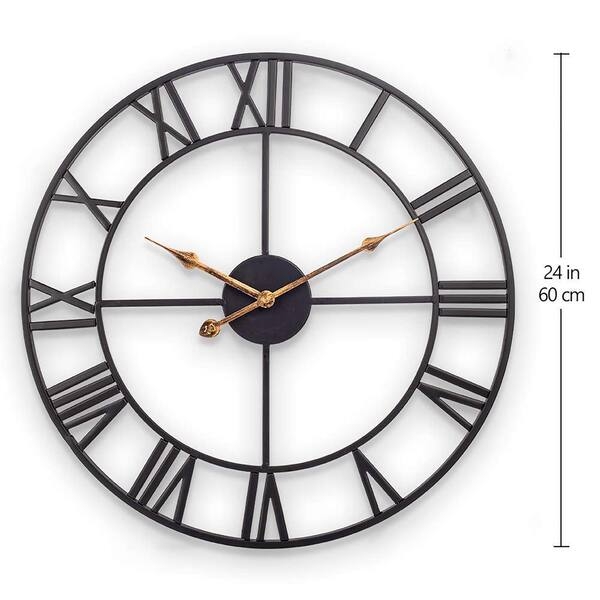Vintage Black Metal Wall Clock Large Roman Numeral Skeleton Design