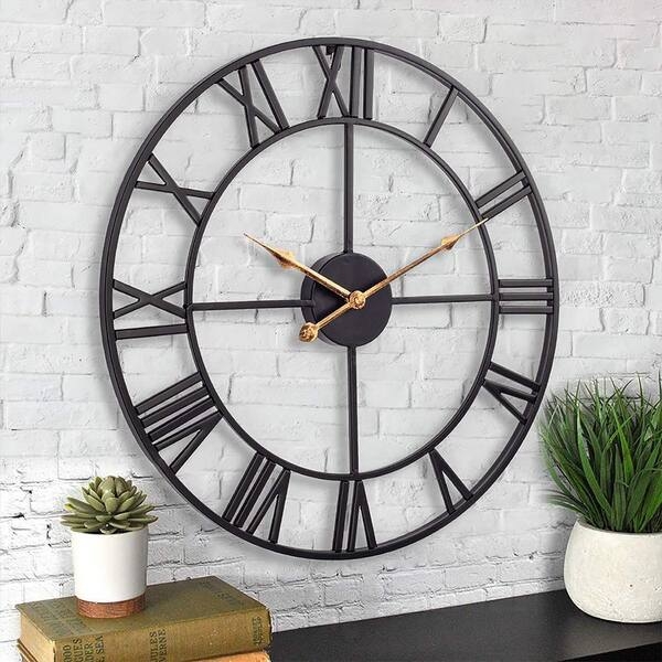 Vintage Black Metal Wall Clock Traditional Openwork Scrollwork