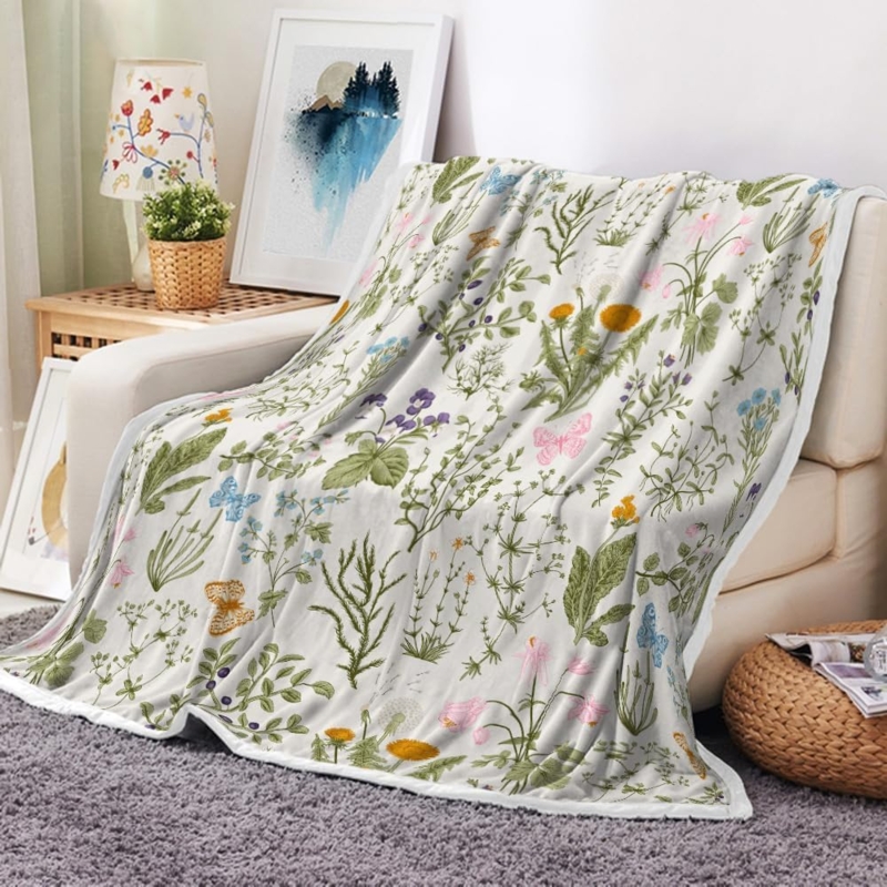Vintage Botanical Floral Throw Blanket with Herbs Print