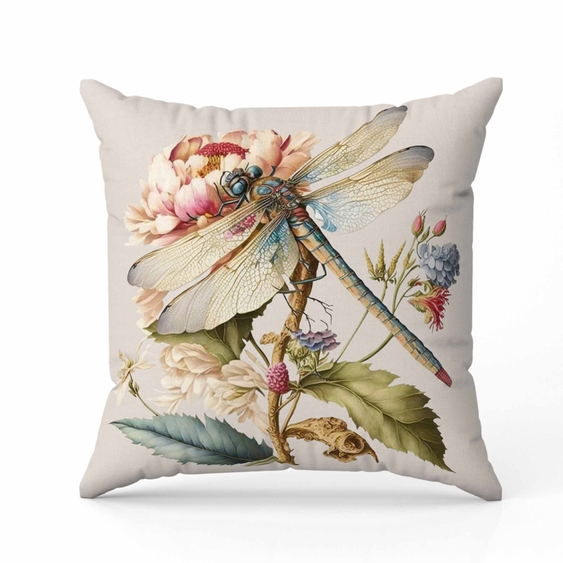Vintage Botanical Throw Pillow Dragonfly Motif Sage Green