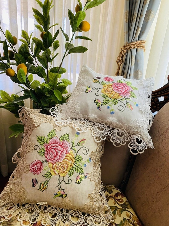 Vintage Floral Cross Stitch Throw Pillow, Lace Trim Border, Linen-Like