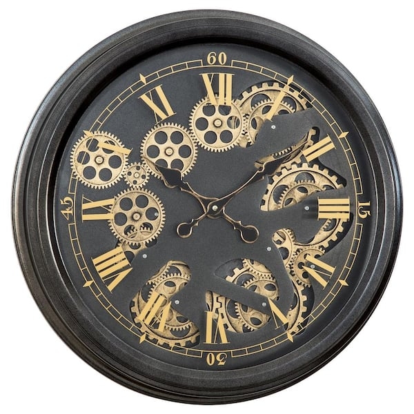 Vintage Mechanical Skeleton Wall Clock Frame Black Gold Gears